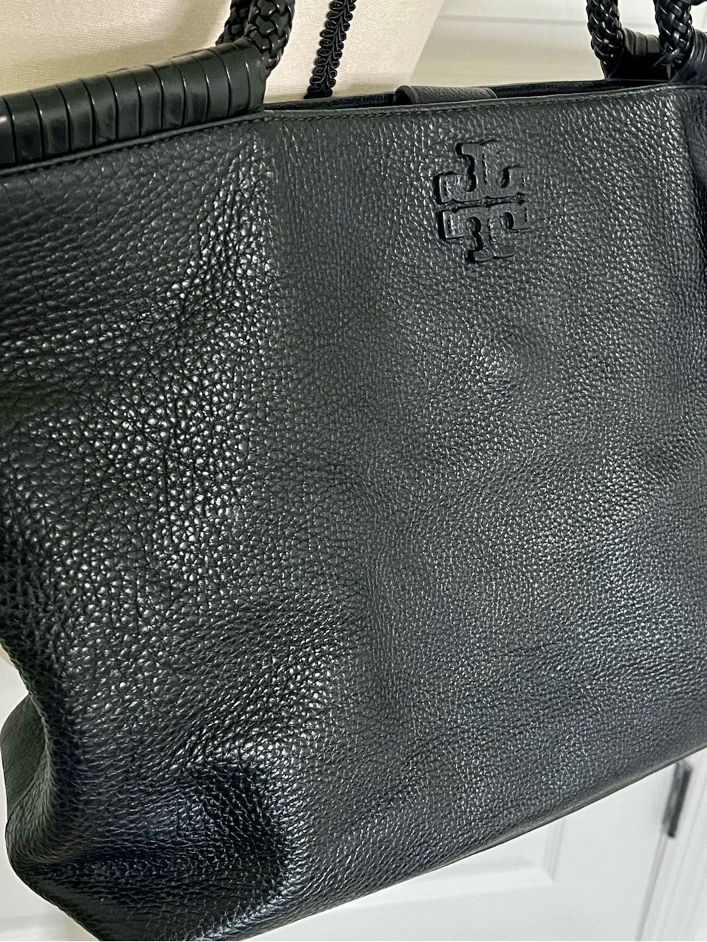 Tory Burch Black Pebbled Leather Braided-Handle Tote with Magnetic Closure